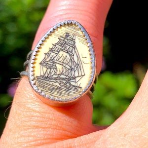 Scrimshaw sailing ship ring set in silver